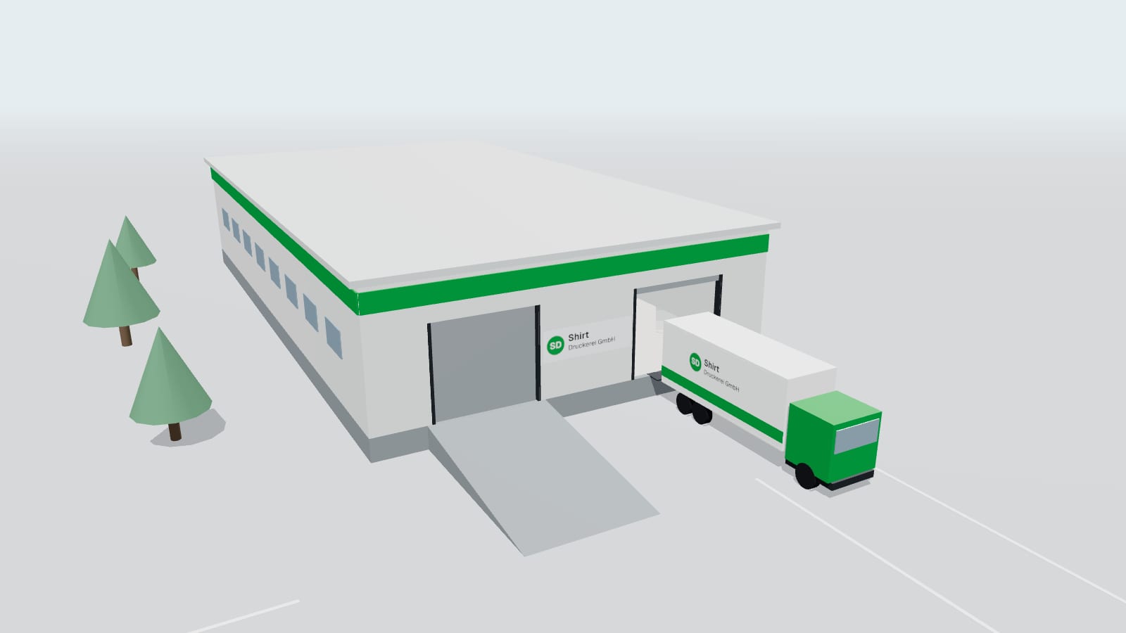 3D-Modell einer Werkhalle mit Lastwagen an der Laderampe